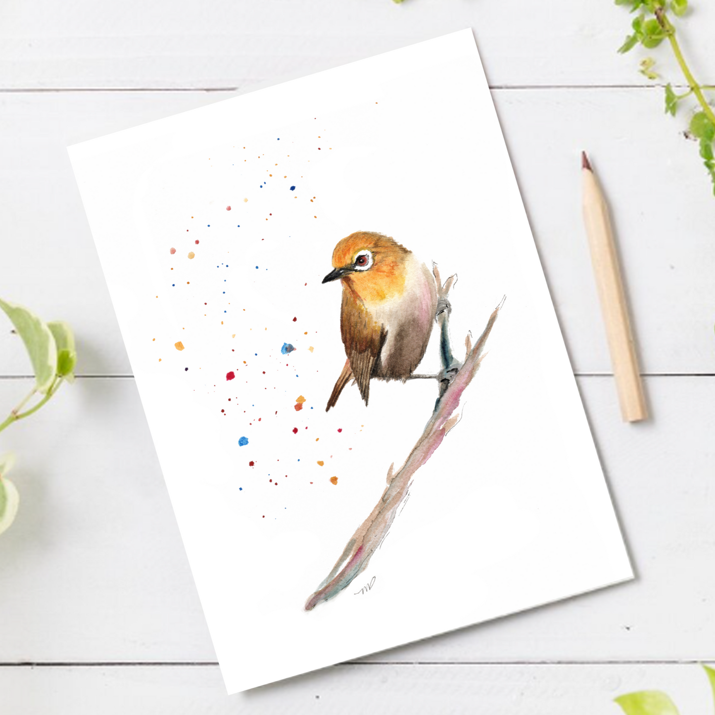 "Golden Tweet" bird 4.25x5.5" Blank Greeting Card with Envelope