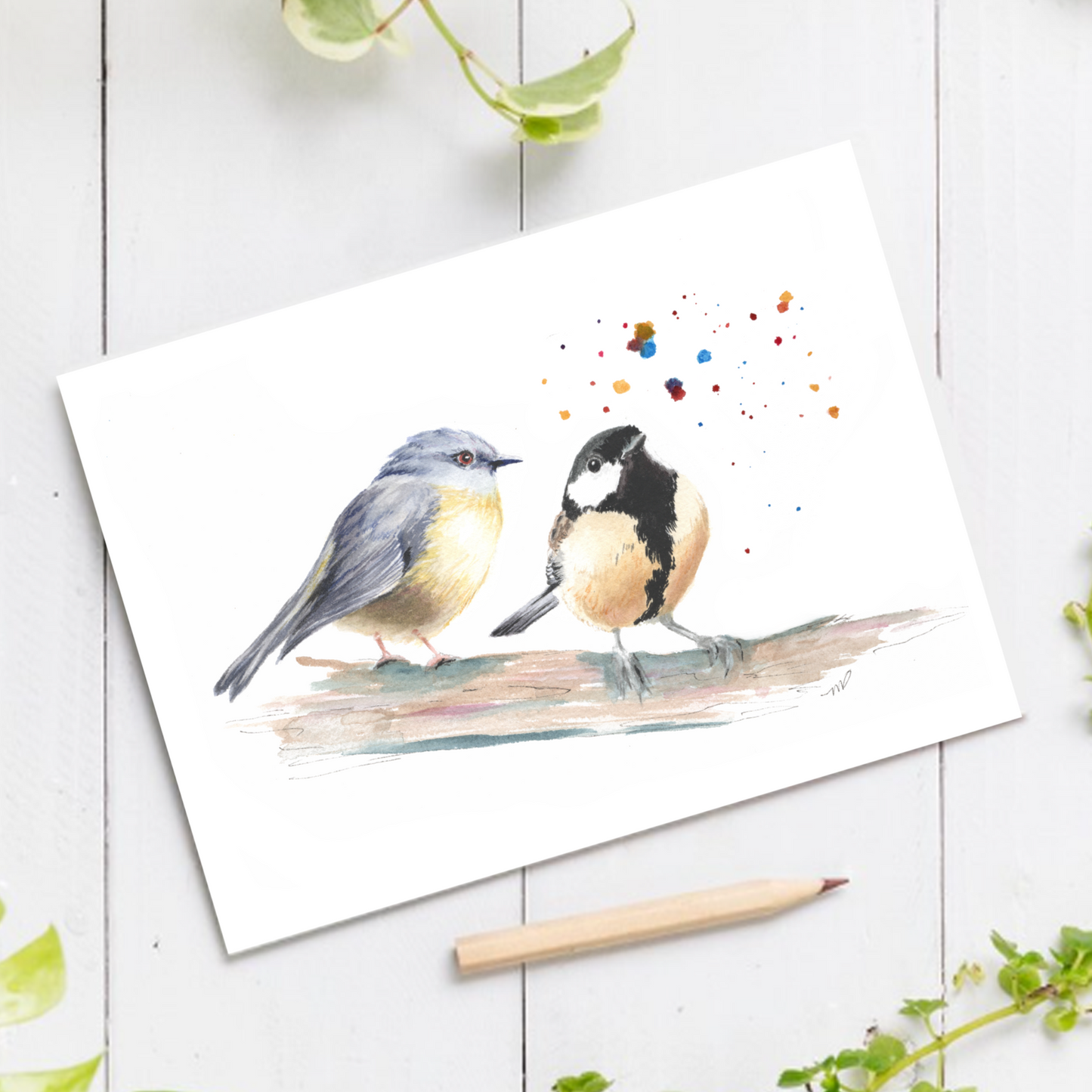 "Two Friends" birds 4.25x5.5" Blank Greeting Card with Envelope