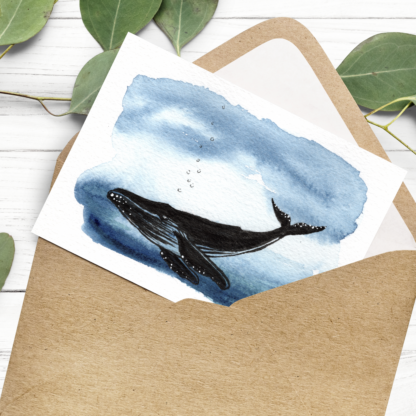 Watercolour Whale 4.25x5.5" Blank Greeting Card with Envelope